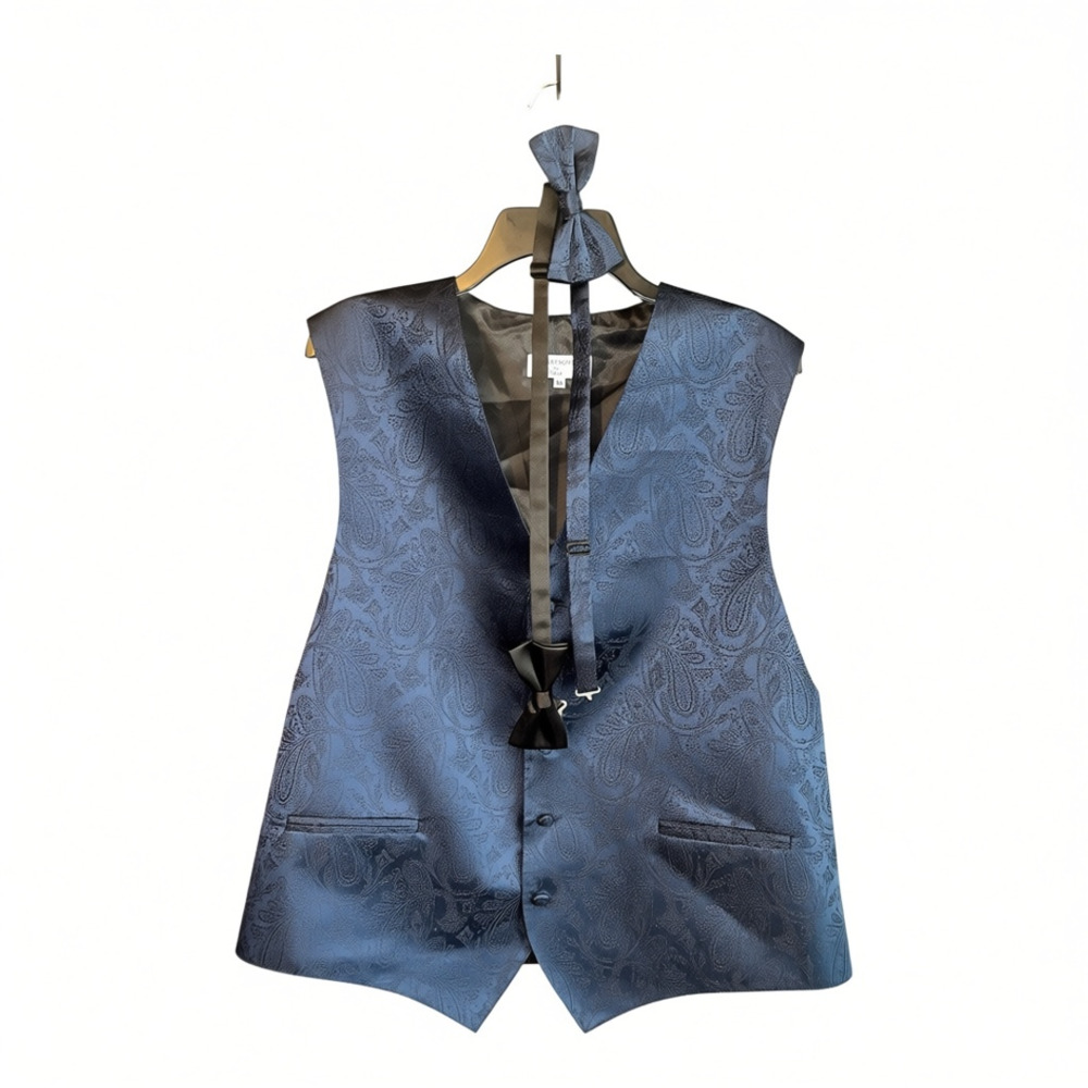 Vesuvio Napoli Dark Navy Blue Paisley Vest and Bow Tie Set